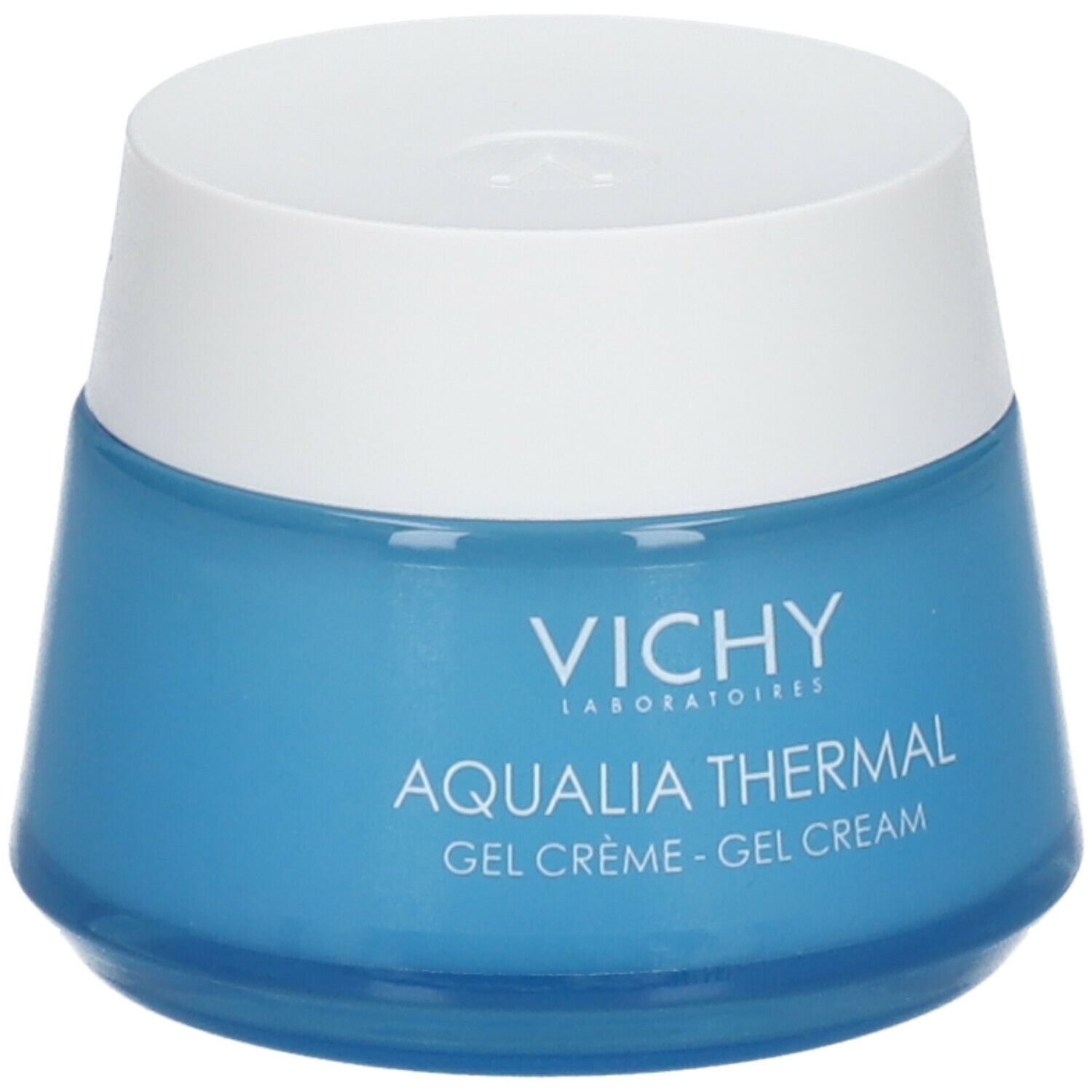Pot bleu avec couvercle blanc. Inscription: Vichy, Aqualia Thermal Gel Crème.