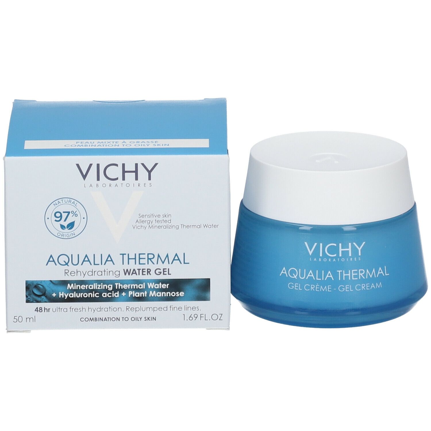 Emballage produit avec pot et boîte. Inscription: Vichy, Aqualia Thermal Gel Crème.