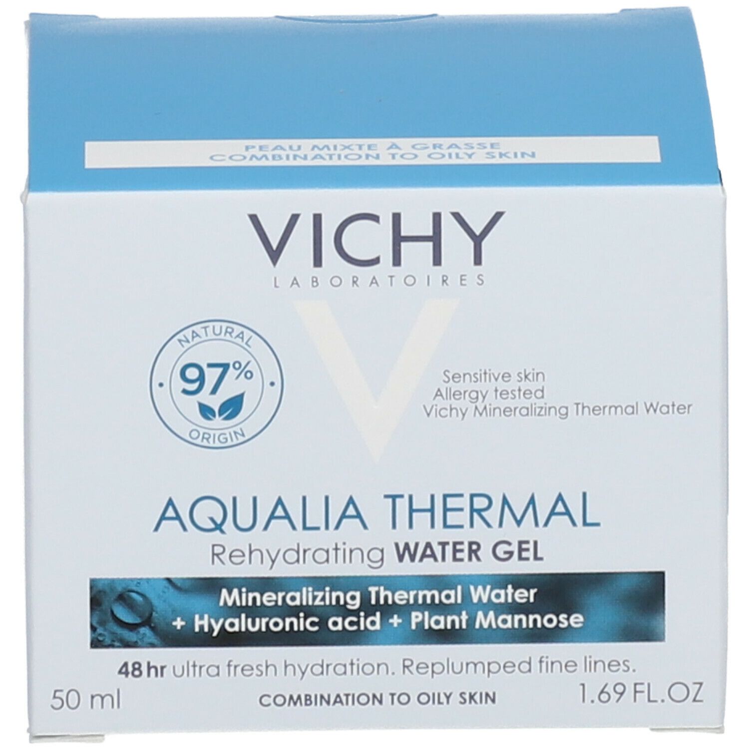 Emballage produit avec boîte. Inscription: Vichy, Aqualia Thermal Gel Crème.