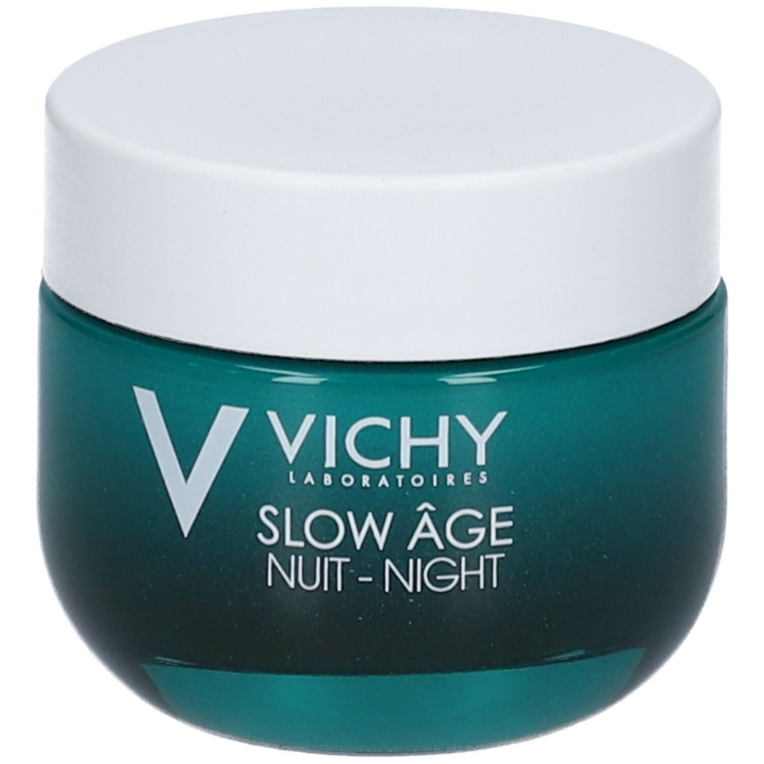 Pot avec couvercle blanc et verre turquoise. Inscription : Vichy, Slow Age Nuit-Night.