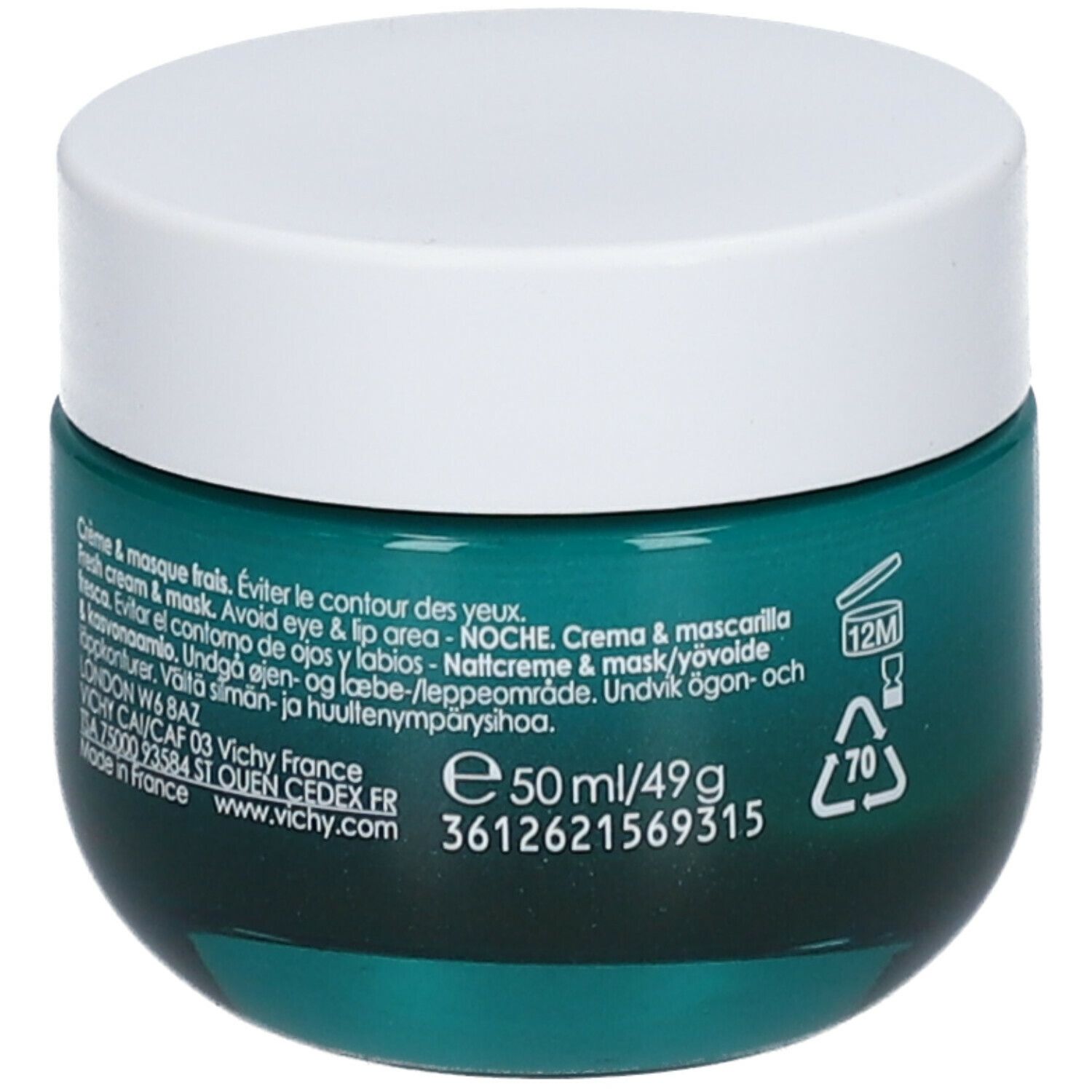 Pot avec couvercle blanc et verre turquoise. Inscription : Vichy, Slow Age Nuit-Night. Texte au dos.