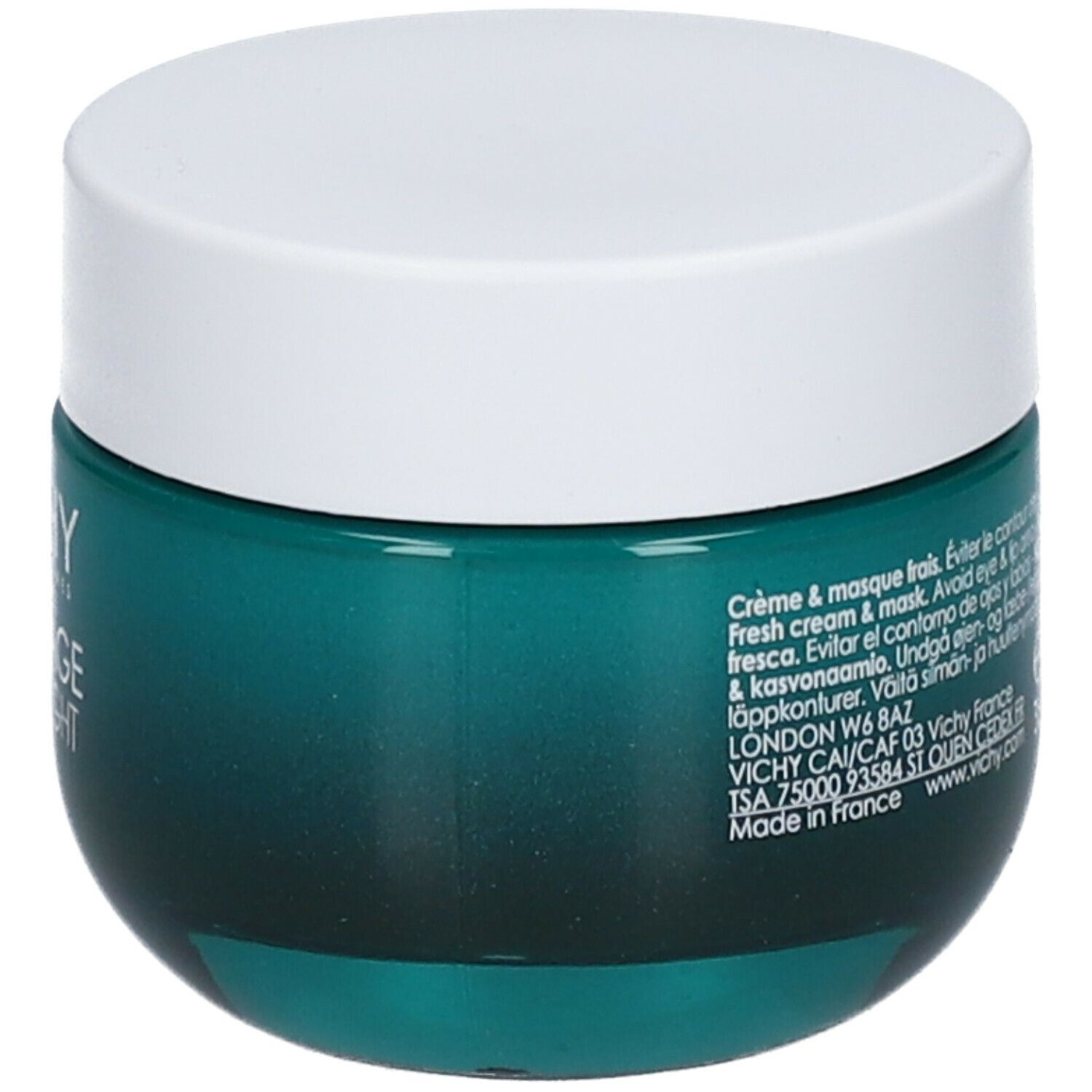 Pot avec couvercle blanc et verre turquoise. Inscription : Vichy, Slow Age Nuit-Night. Texte au dos.