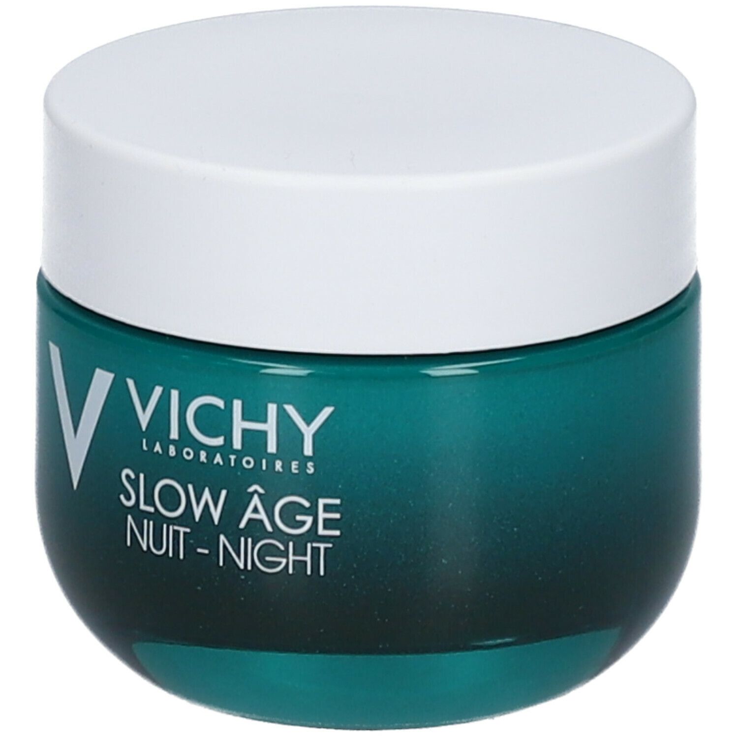 Pot avec couvercle blanc et verre turquoise. Inscription : Vichy, Slow Age Nuit-Night.