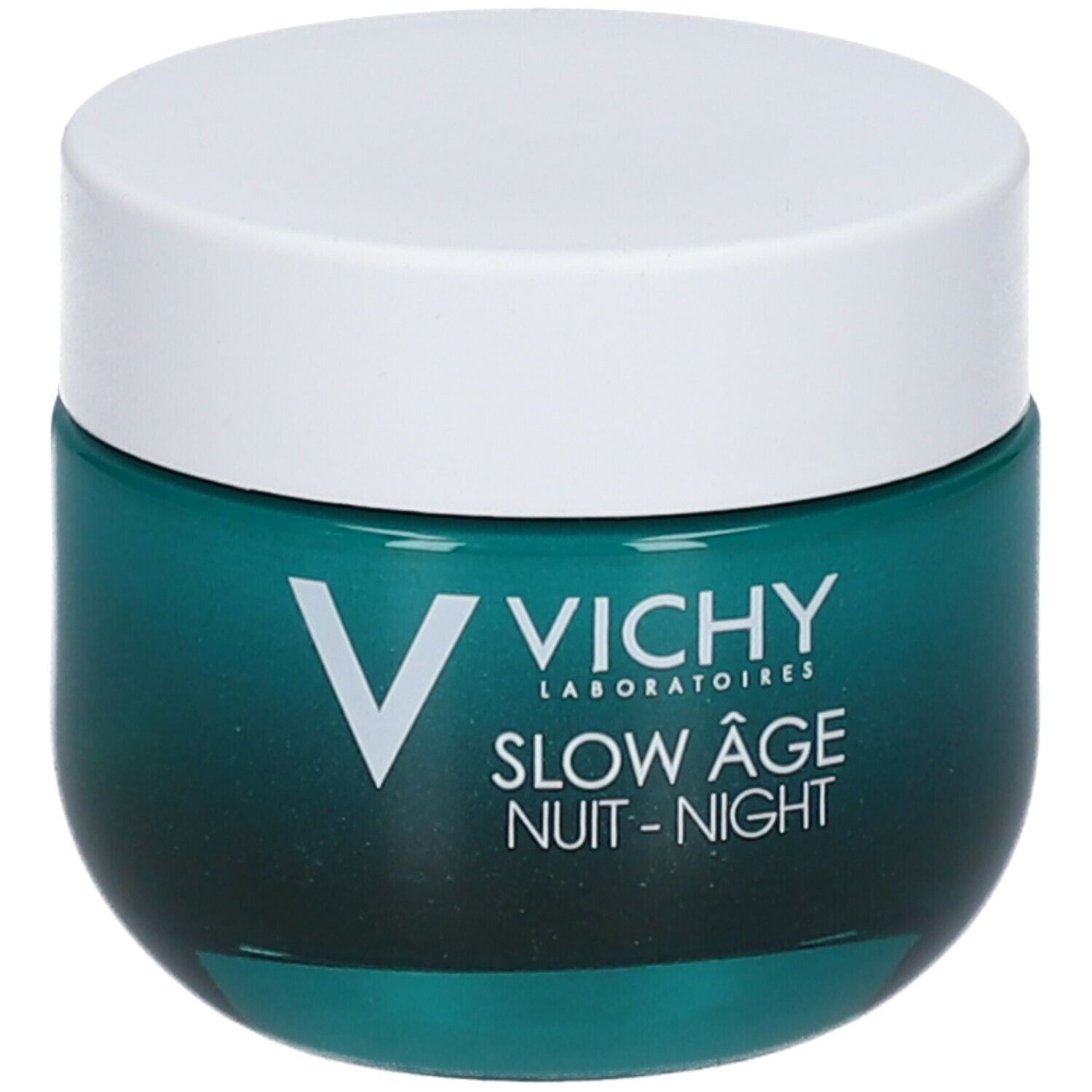 Pot avec couvercle blanc et verre turquoise. Inscription : Vichy, Slow Age Nuit-Night.