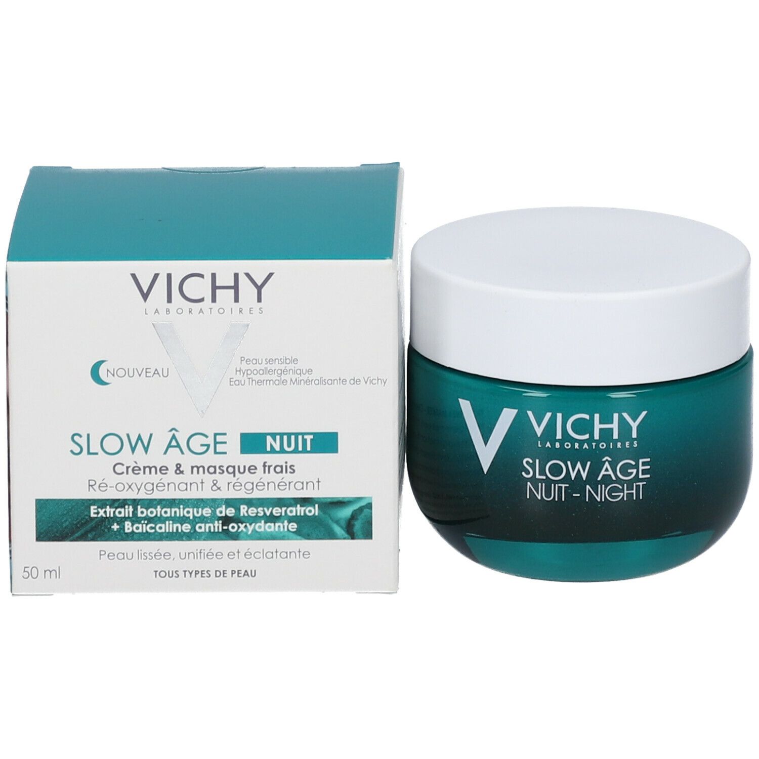 Pot et boîte. Inscription : Vichy, Slow Age Nuit. Boîte avec texte et 50 ml.