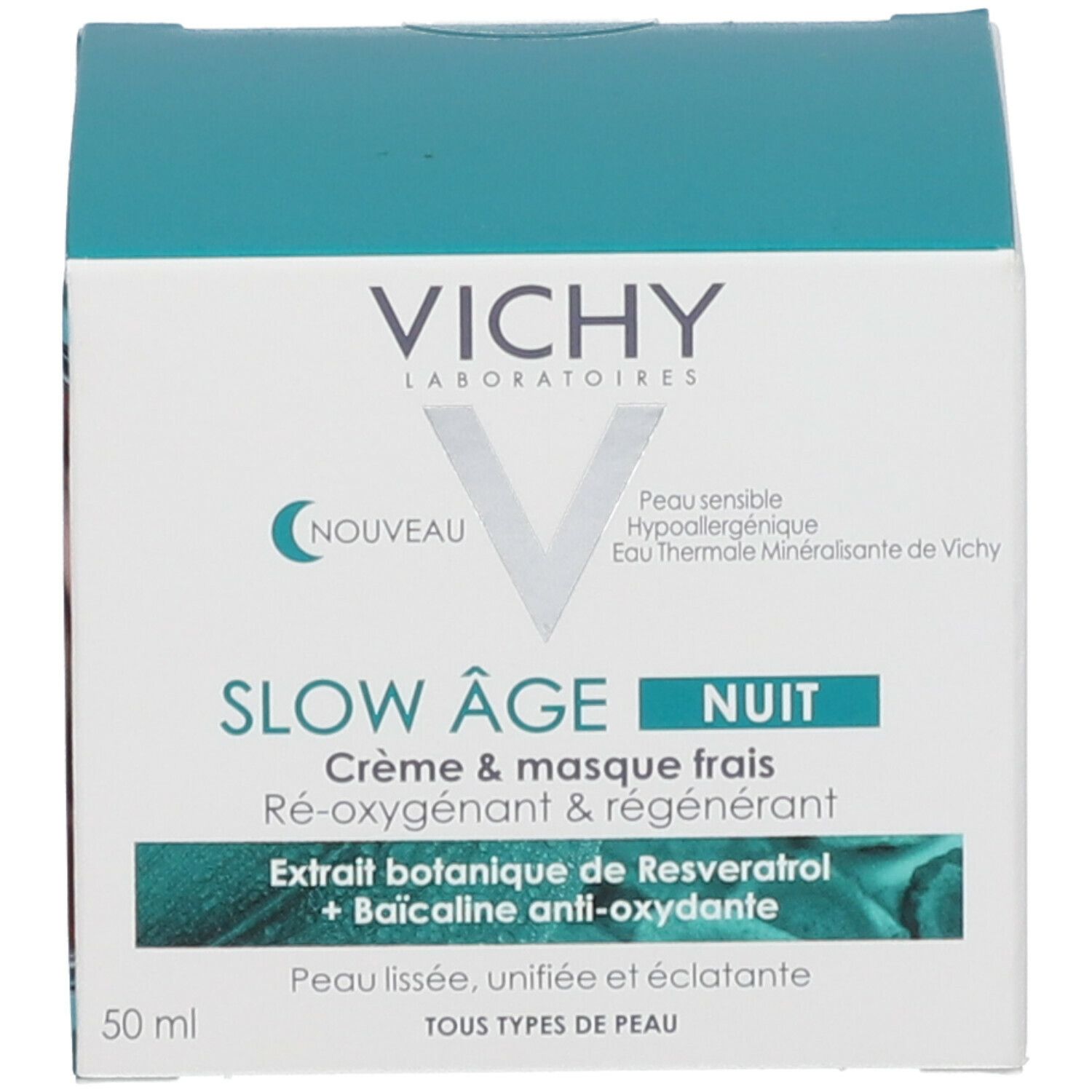 Boîte avec inscription : Vichy, Slow Age Nuit. Texte et 50 ml.