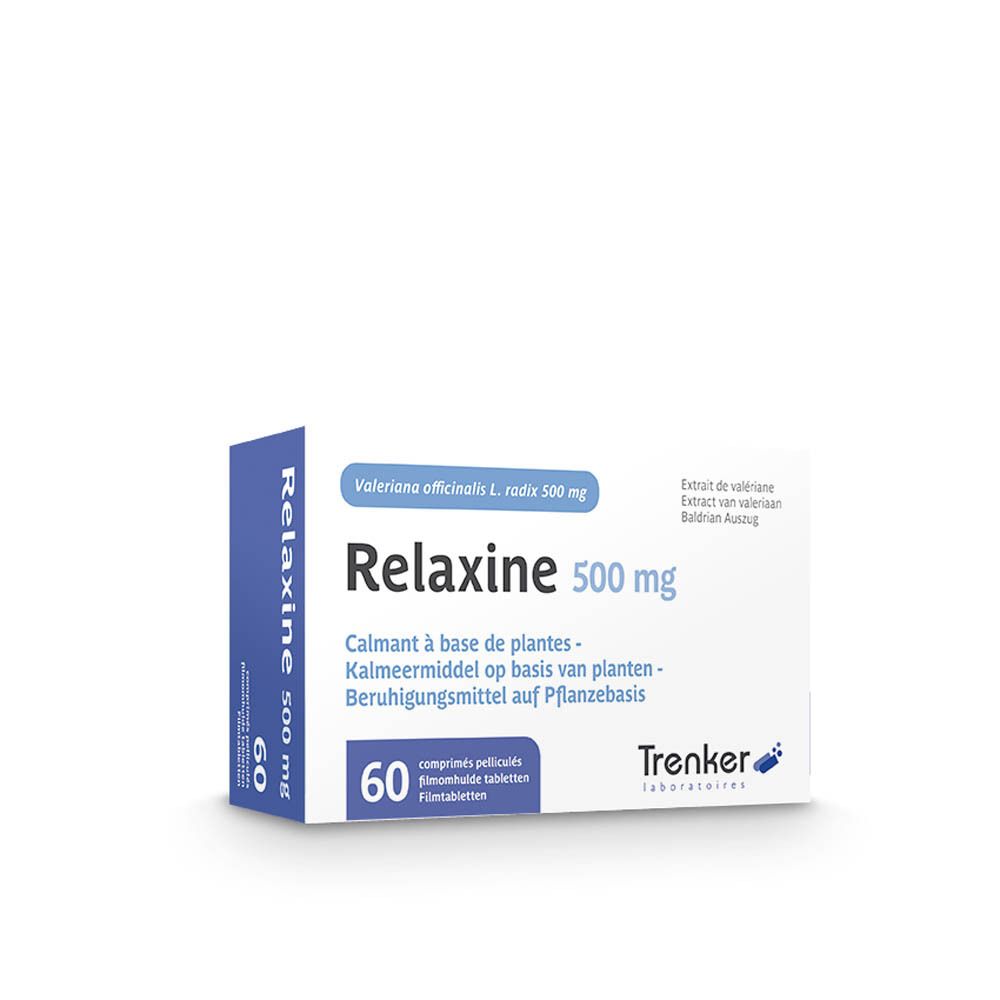 Boîte de Relaxine 500 mg. Emballage bleu et blanc avec nom du produit et informations. Contient 60 comprimés.