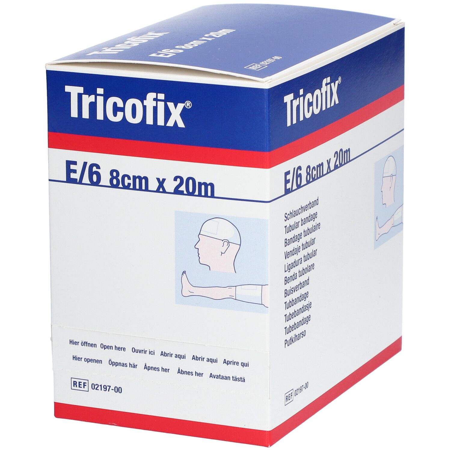 Tricofix® Gr. E, 8cm x 20m. Emballage avec nom et taille du produit. Boîte avec illustration de bandage pour tête et jambe. Instructions multilingues.