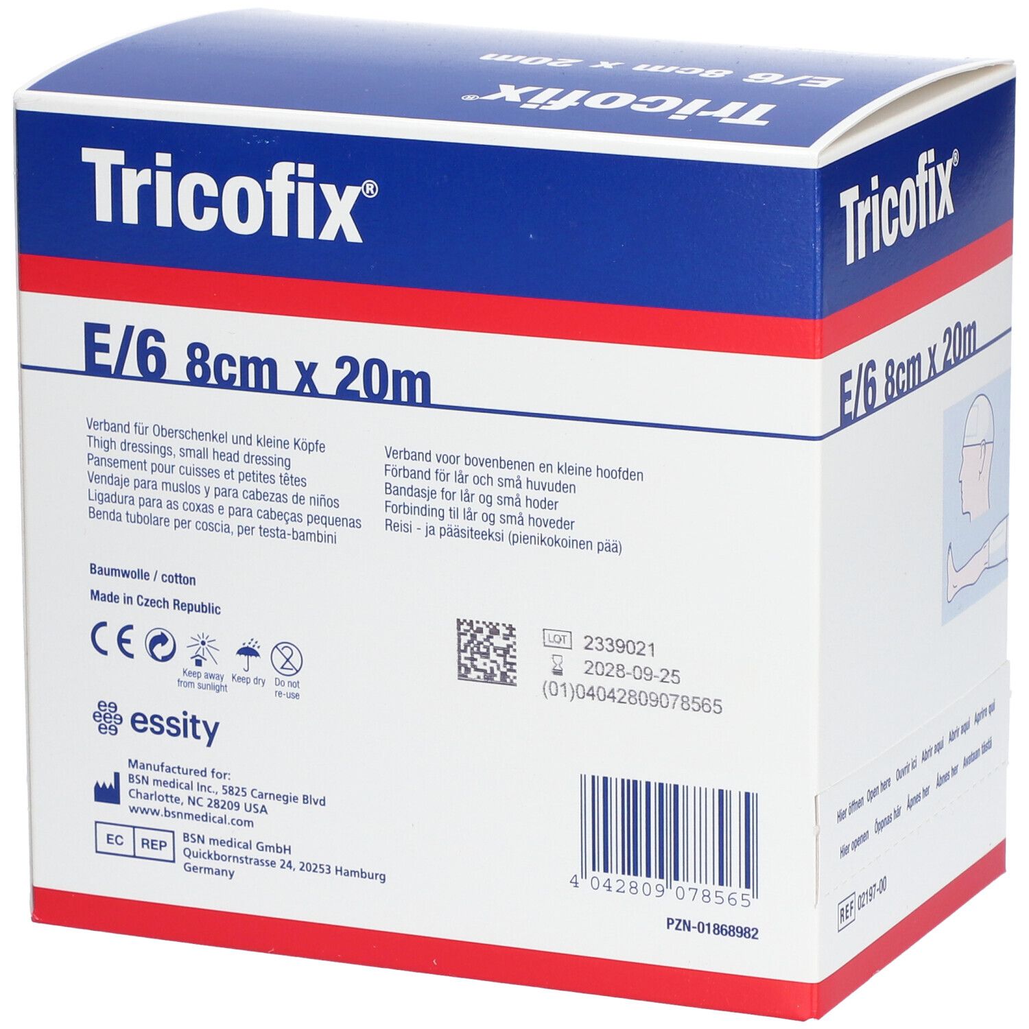 Tricofix® Gr. E, 8cm x 20m. Emballage avec informations sur le produit. Boîte avec nom, taille et illustration. Informations du fabricant.