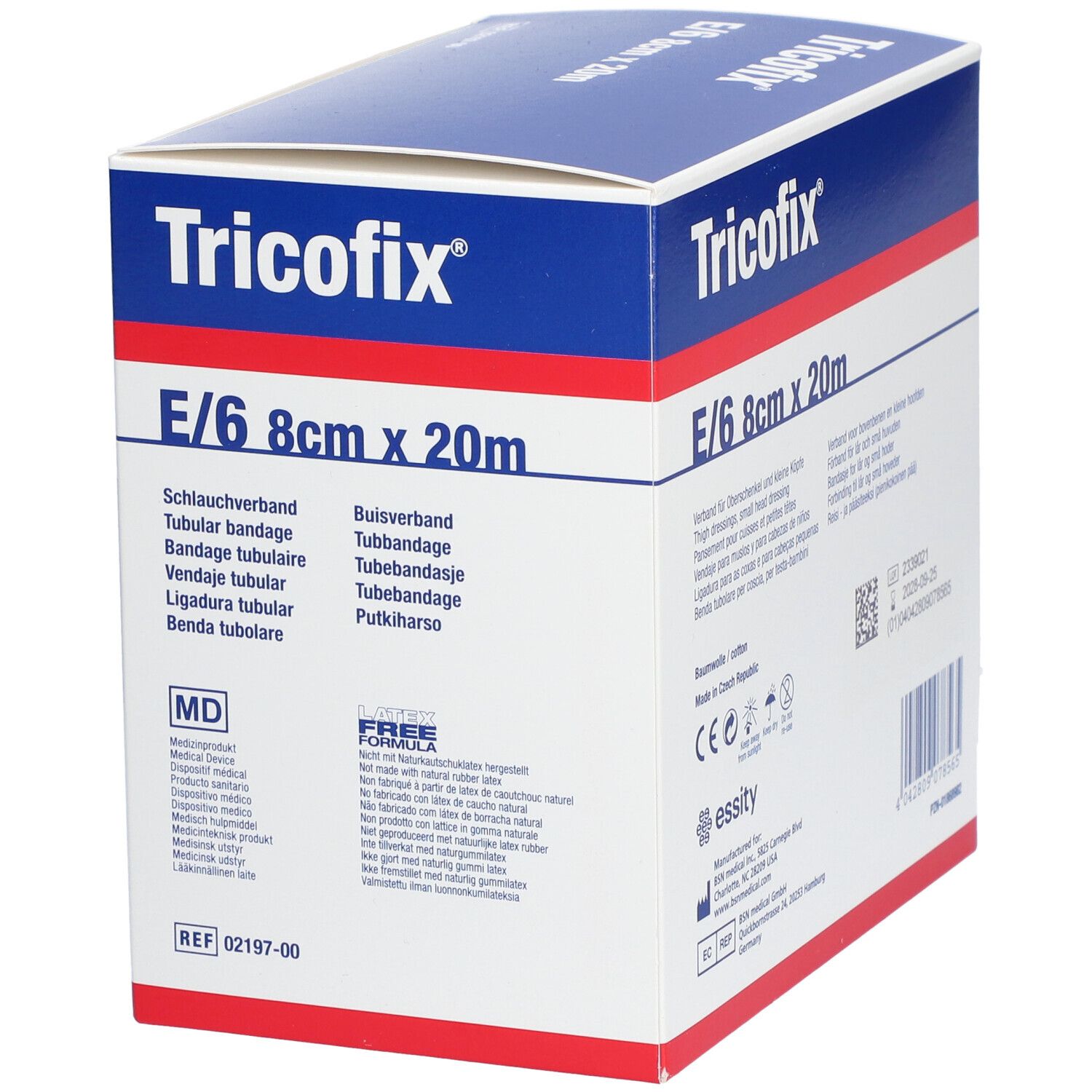 Tricofix® Gr. E, 8cm x 20m. Boîte avec nom et taille du produit. Désignations multilingues. Illustration de bandage pour tête et jambe.