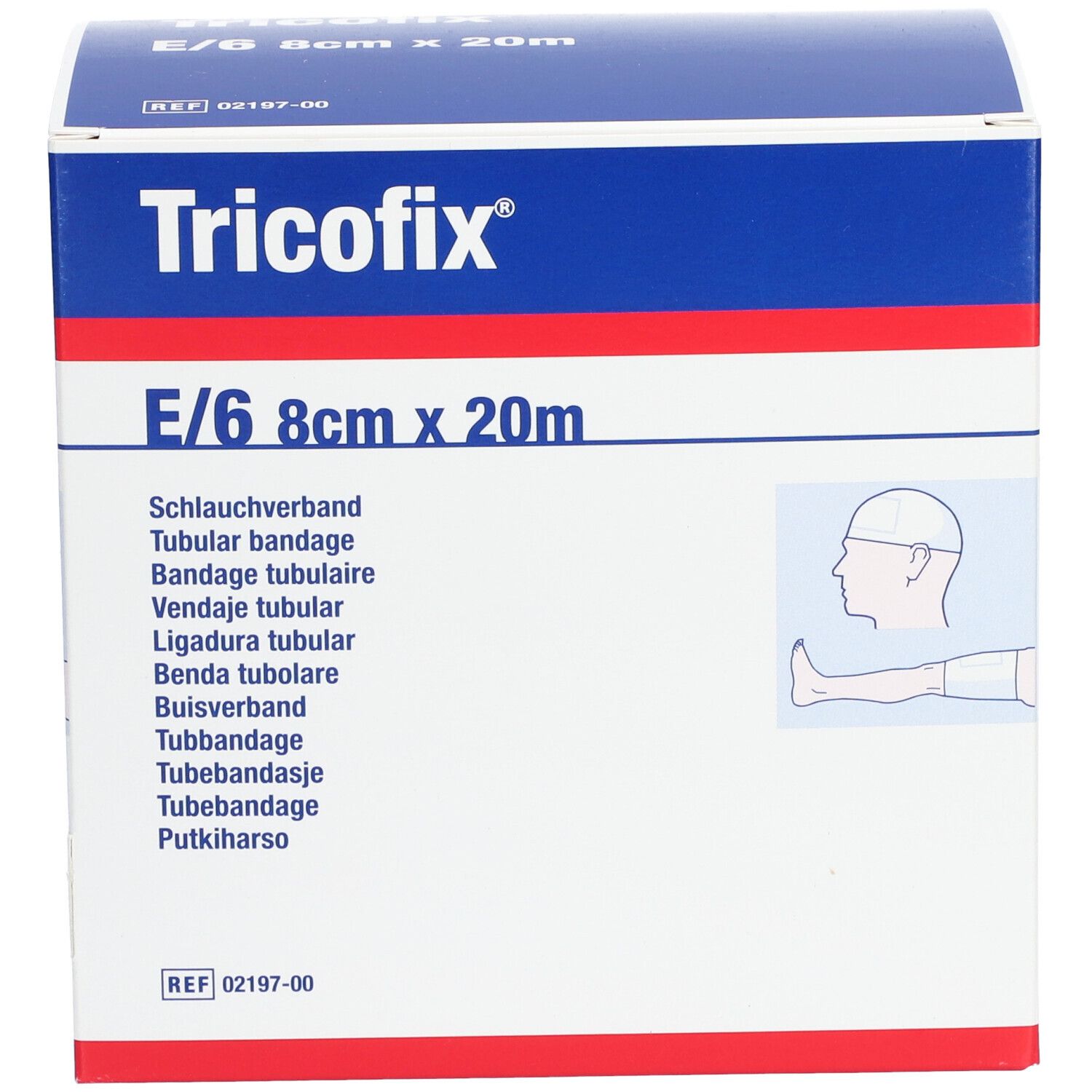 Tricofix® Gr. E, 8cm x 20m. Emballage avec nom et taille du produit. Désignations multilingues. Illustration de bandage pour tête et jambe.