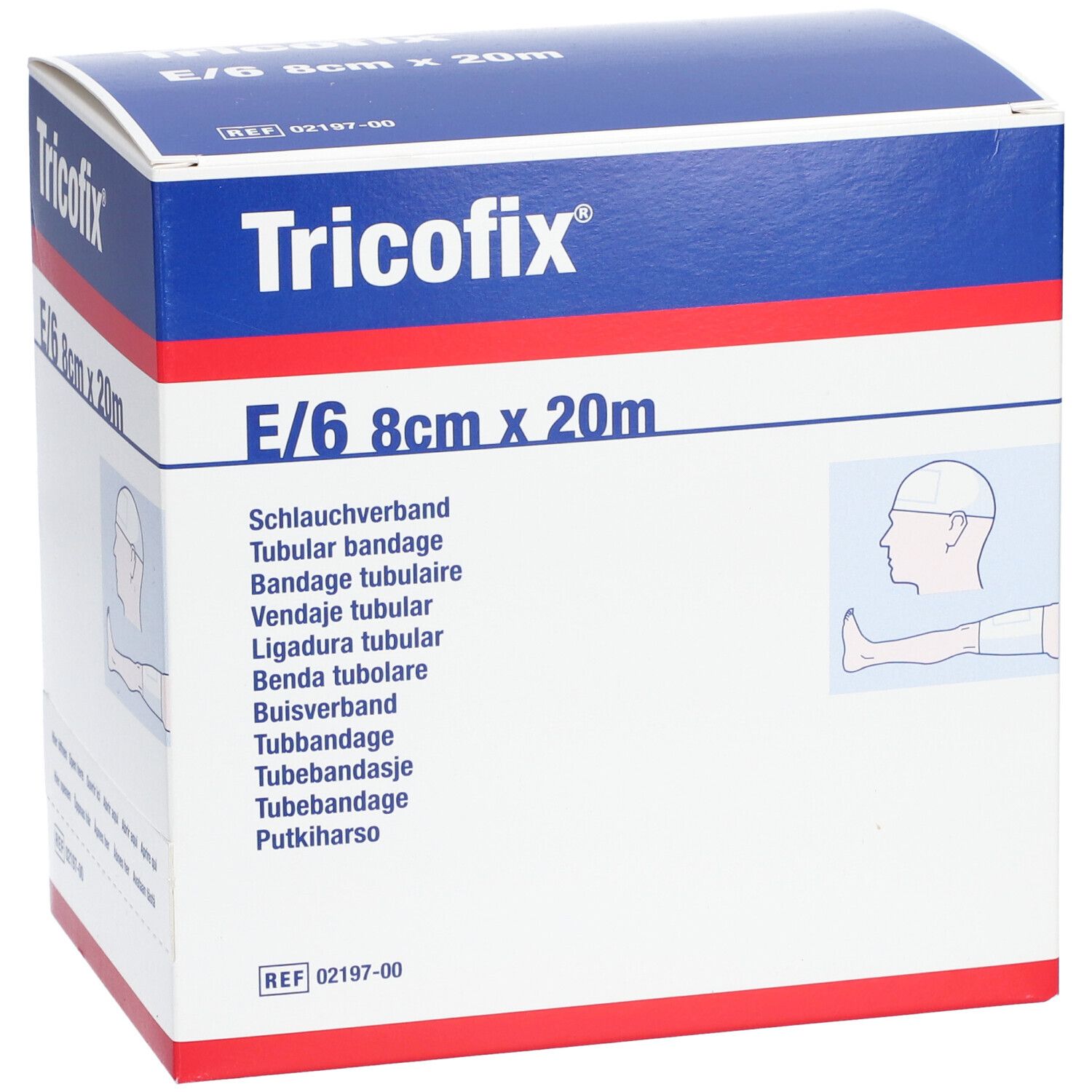 Tricofix® Gr. E, 8cm x 20m. Emballage avec nom et taille du produit. Désignations multilingues. Illustration de bandage pour tête et jambe.