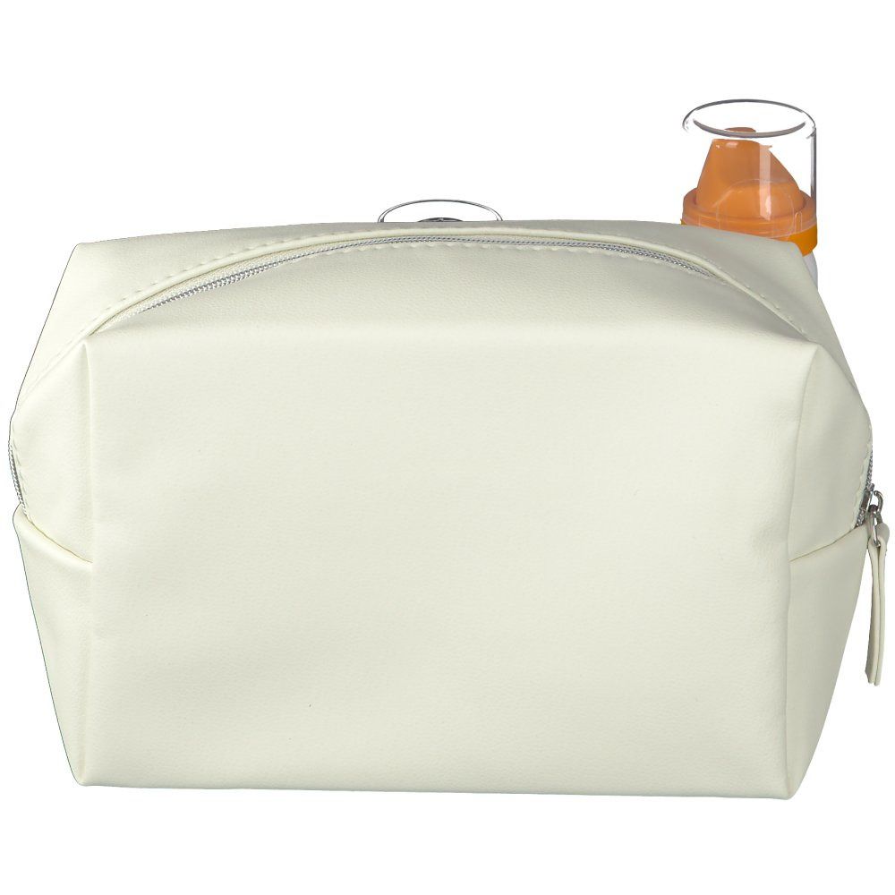Trousse crème, avec fermeture éclair. Un flacon avec bouchon orange dépasse.