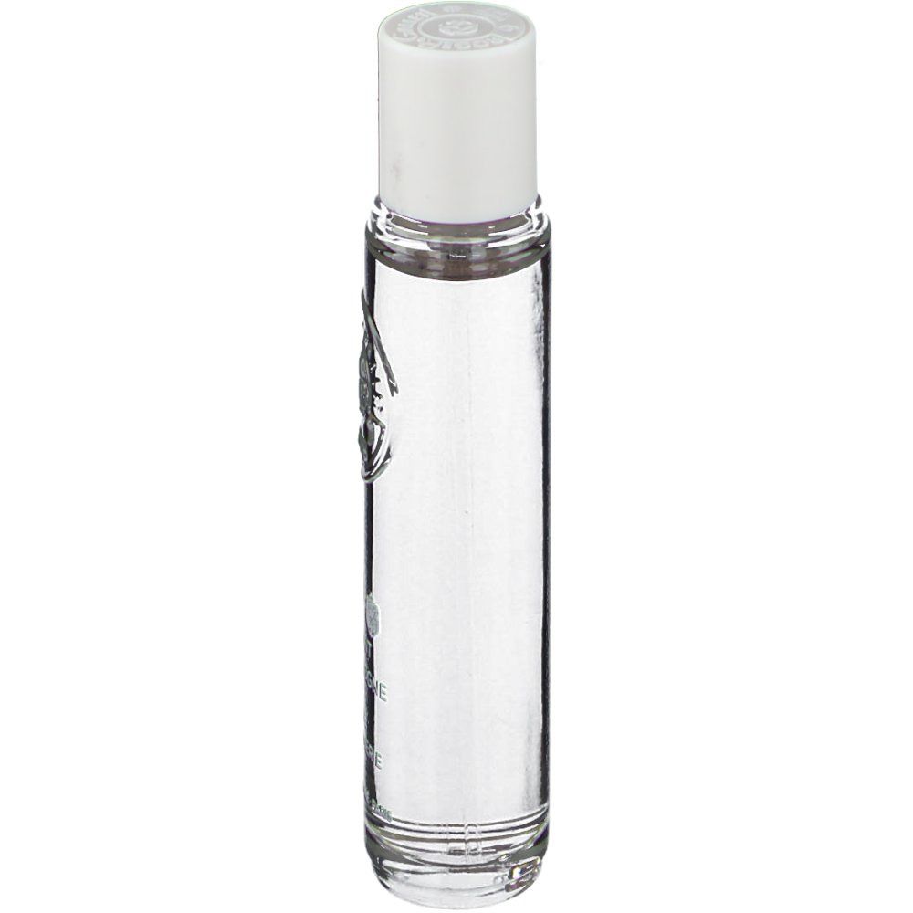 Flacon cylindrique transparent avec bouchon blanc. Logo et texte sur le flacon. Orientation verticale.
