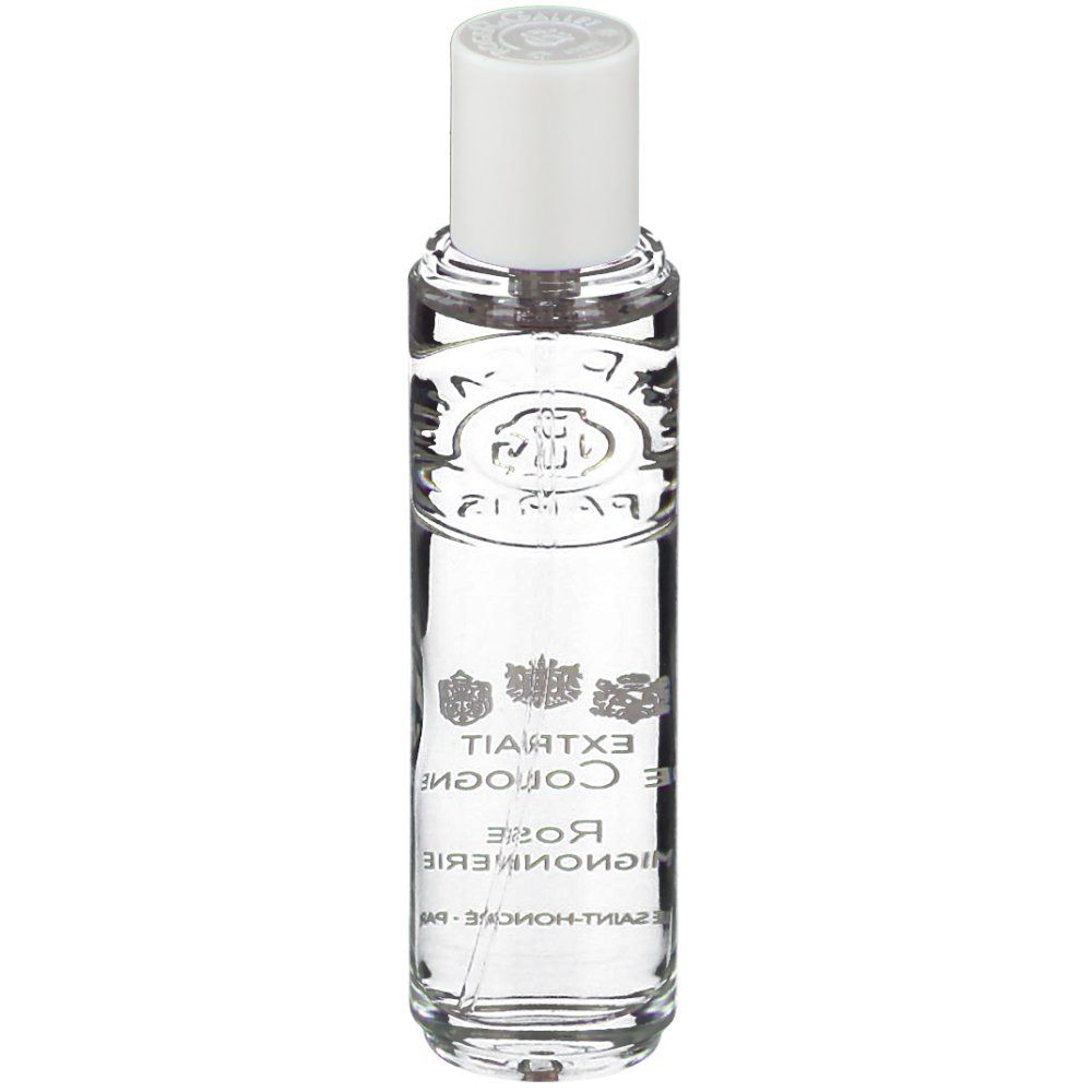 Flacon transparent avec bouchon blanc. Inscriptions: EXTRAIT DE COLOGNE, Rose Mignonnerie, Rue Saint-Honoré Paris. Logo en haut.