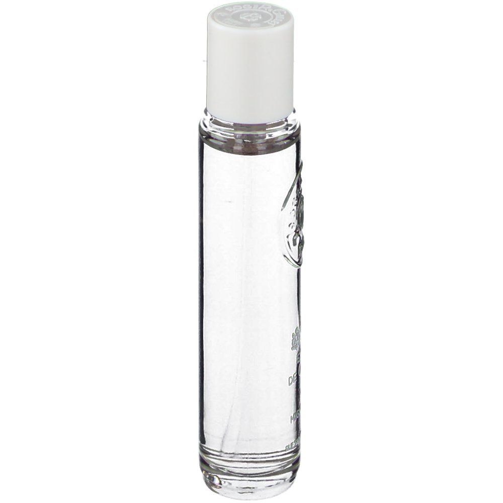 Flacon cylindrique transparent avec bouchon blanc. Logo et texte sur le flacon. Orientation verticale.