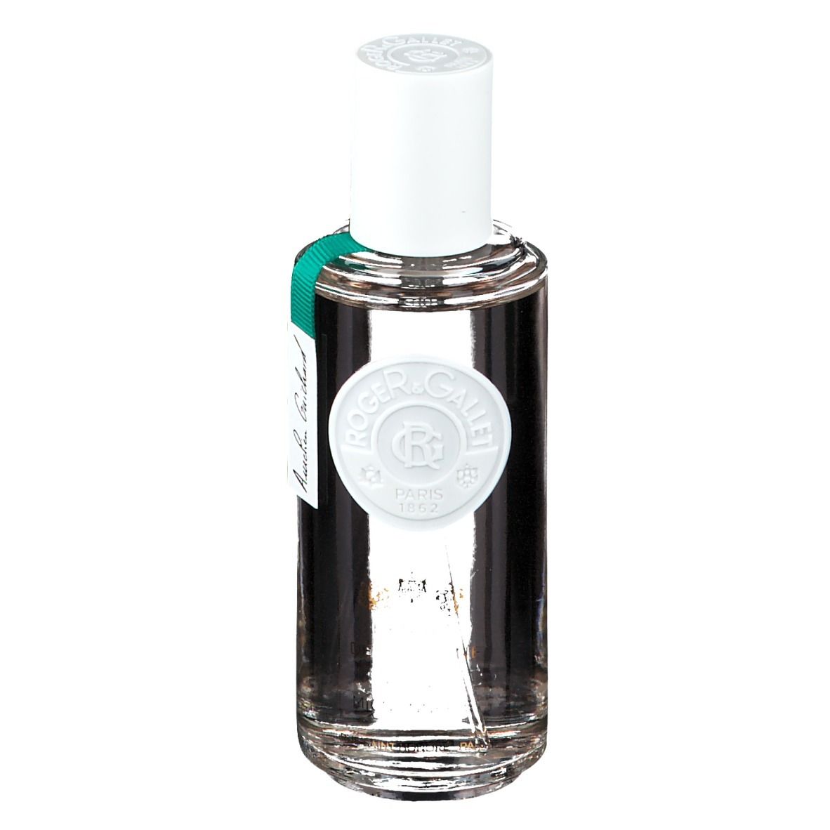 Flacon transparent avec bouchon blanc et étiquette. Inscription : ROGER & GALLET PARIS 1862. Étiquette verte avec nom.
