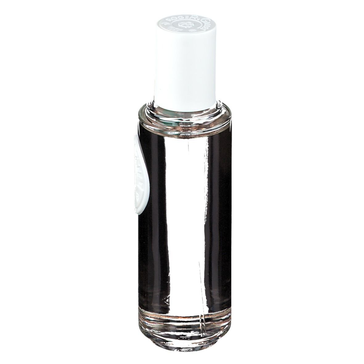 Flacon transparent avec bouchon blanc et étiquette. Inscription : ROGER & GALLET PARIS 1862. Étiquette verte avec nom.