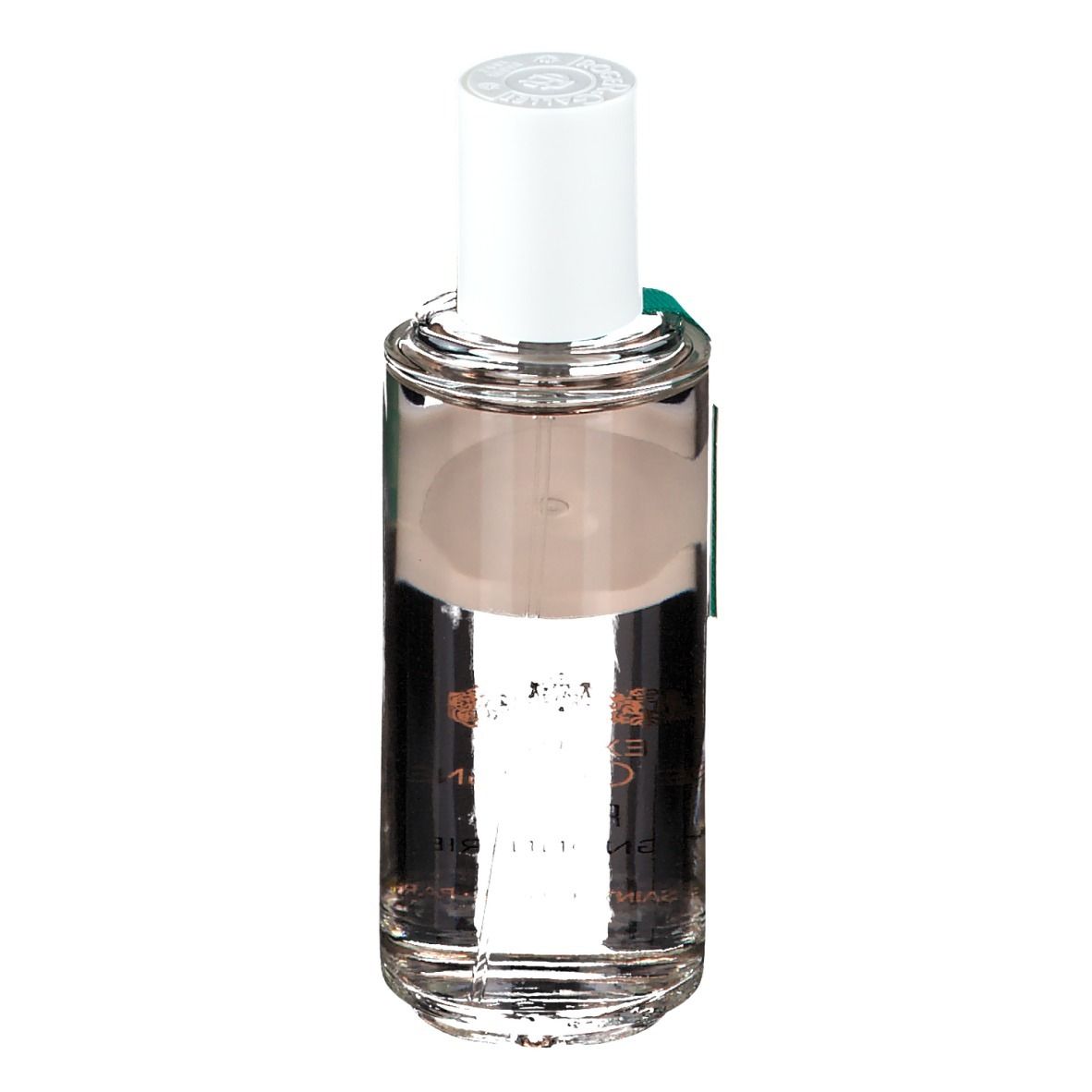 Flacon transparent avec bouchon blanc et étiquette. Inscription : ROGER & GALLET PARIS 1862. Étiquette verte avec nom.