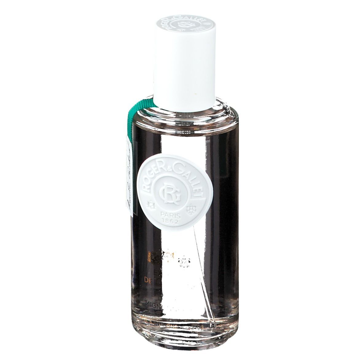 Flacon transparent avec bouchon blanc et étiquette. Inscription : ROGER & GALLET PARIS 1862. Étiquette verte avec nom.