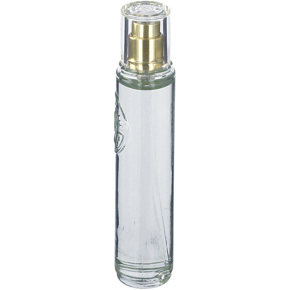 Cilindrische glazen fles met verstuiver. Transparant, met gouden verstuiver en transparante dop. Reliëflogo op de voorkant.