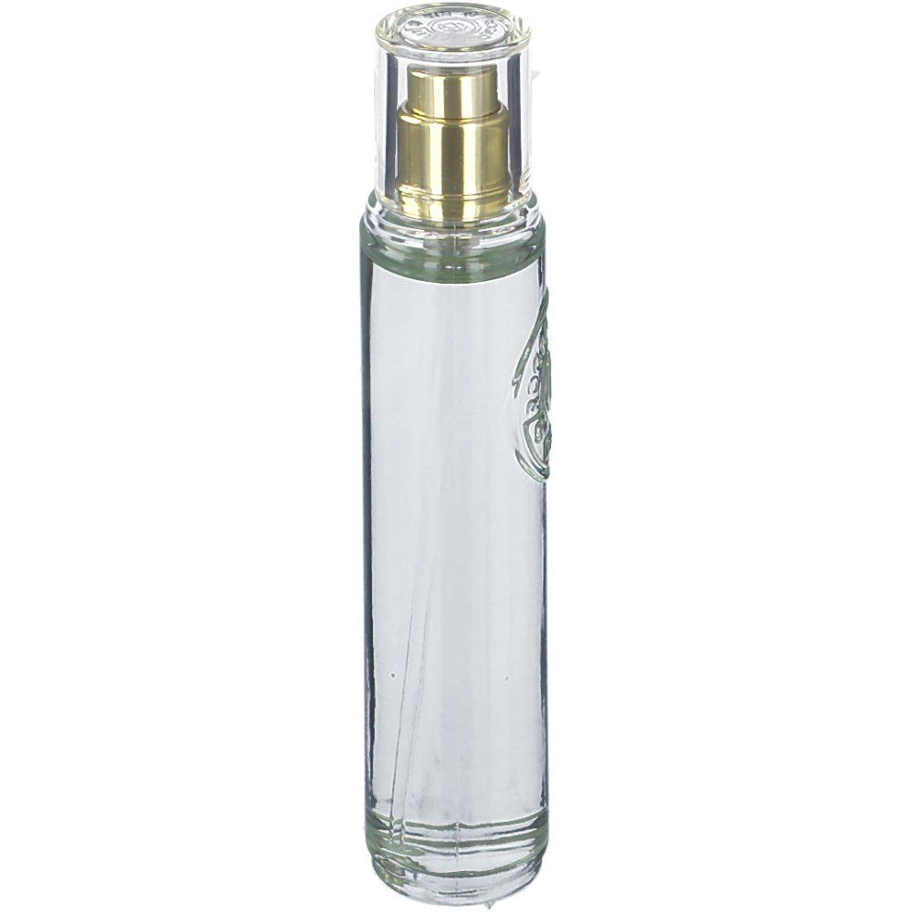 Cilindrische glazen fles met verstuiver. Transparant, met gouden verstuiver en transparante dop. Reliëflogo op de voorkant.