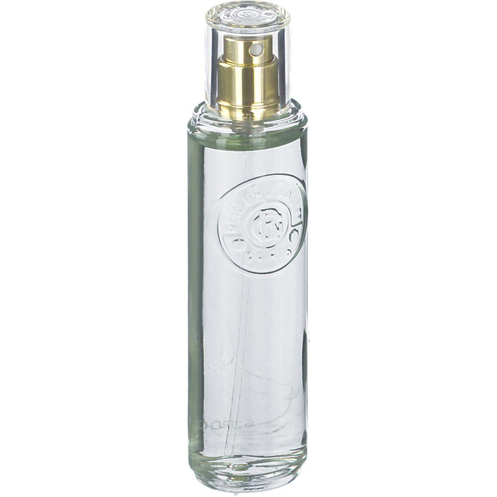 Cilindrische glazen fles met verstuiver. Transparant, met gouden verstuiver en transparante dop. Reliëflogo op de voorkant.