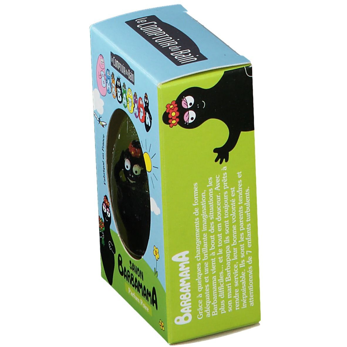 Emballage du savon Barbamama. Savon noir de forme ovale visible. Emballage avec personnages Barbapapa et texte.
