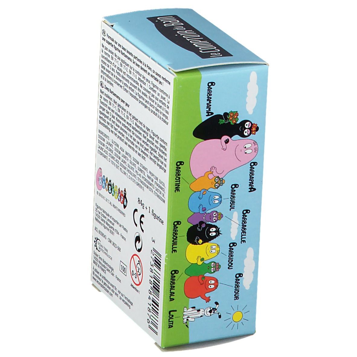 Emballage du savon Barbamama. Plusieurs personnages Barbapapa sur l'emballage. Texte et logos sur l'emballage.