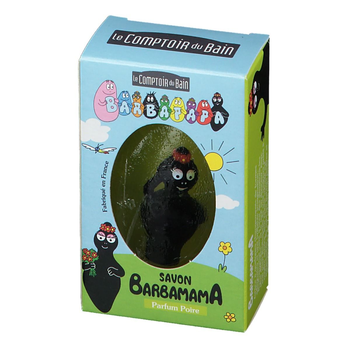 Savon Barbamama dans son emballage. Savon noir ovale. Emballage avec personnages Barbapapa et inscription "Savon Barbamama".