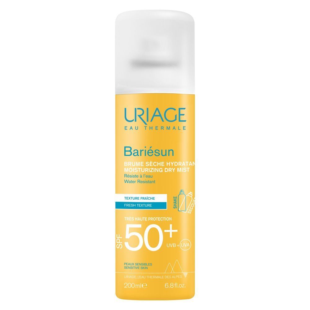Uriage Bariésun SPF50+ droge mist spray, geel en wit. Tekst en SPF50+.