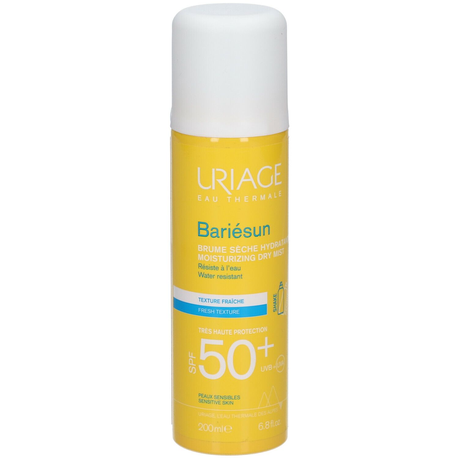 Uriage Bariésun SPF50+ droge mist spray, geel en wit. Tekst en SPF50+.