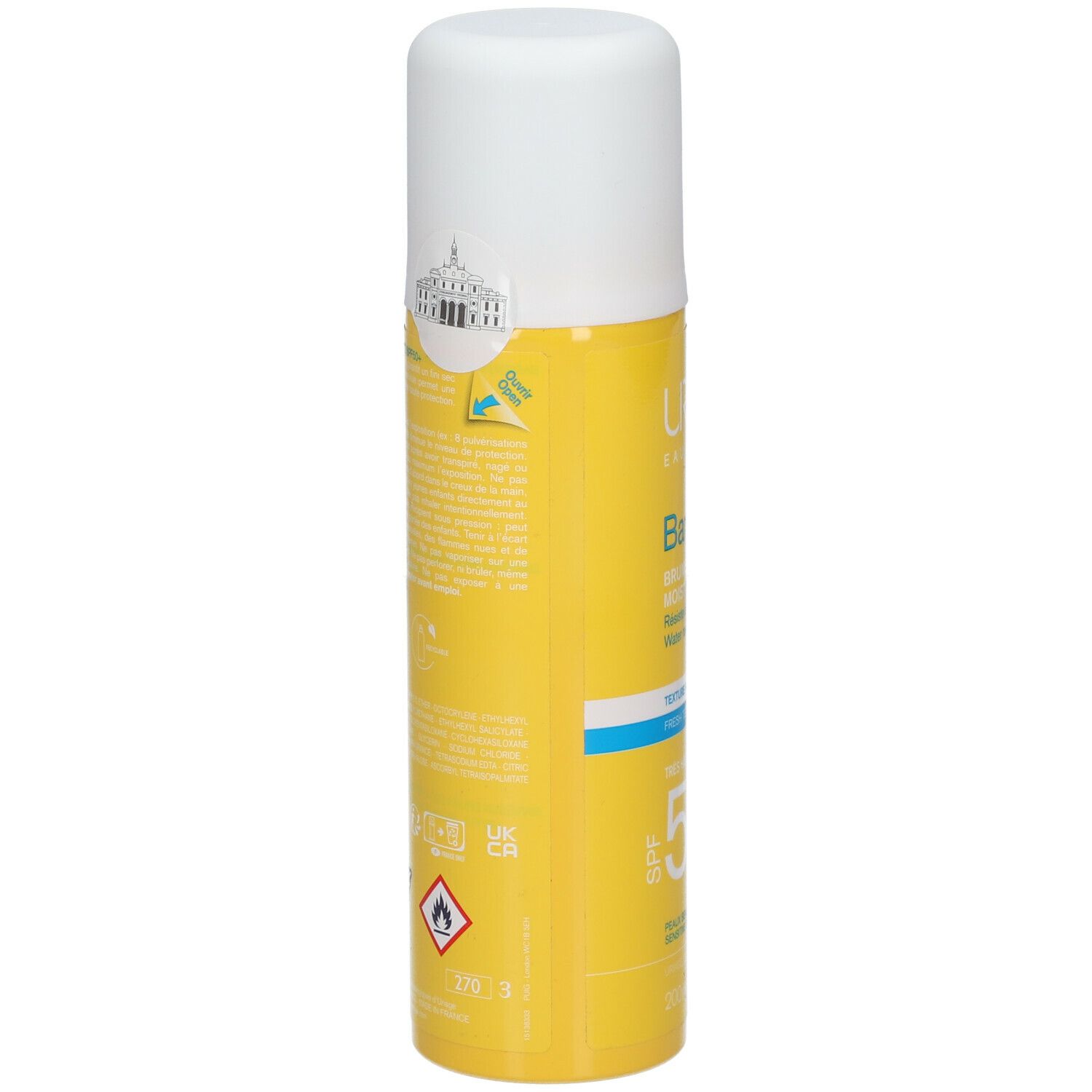 Achterkant van een gele Uriage Bariésun spray. Tekst en logo's zichtbaar.