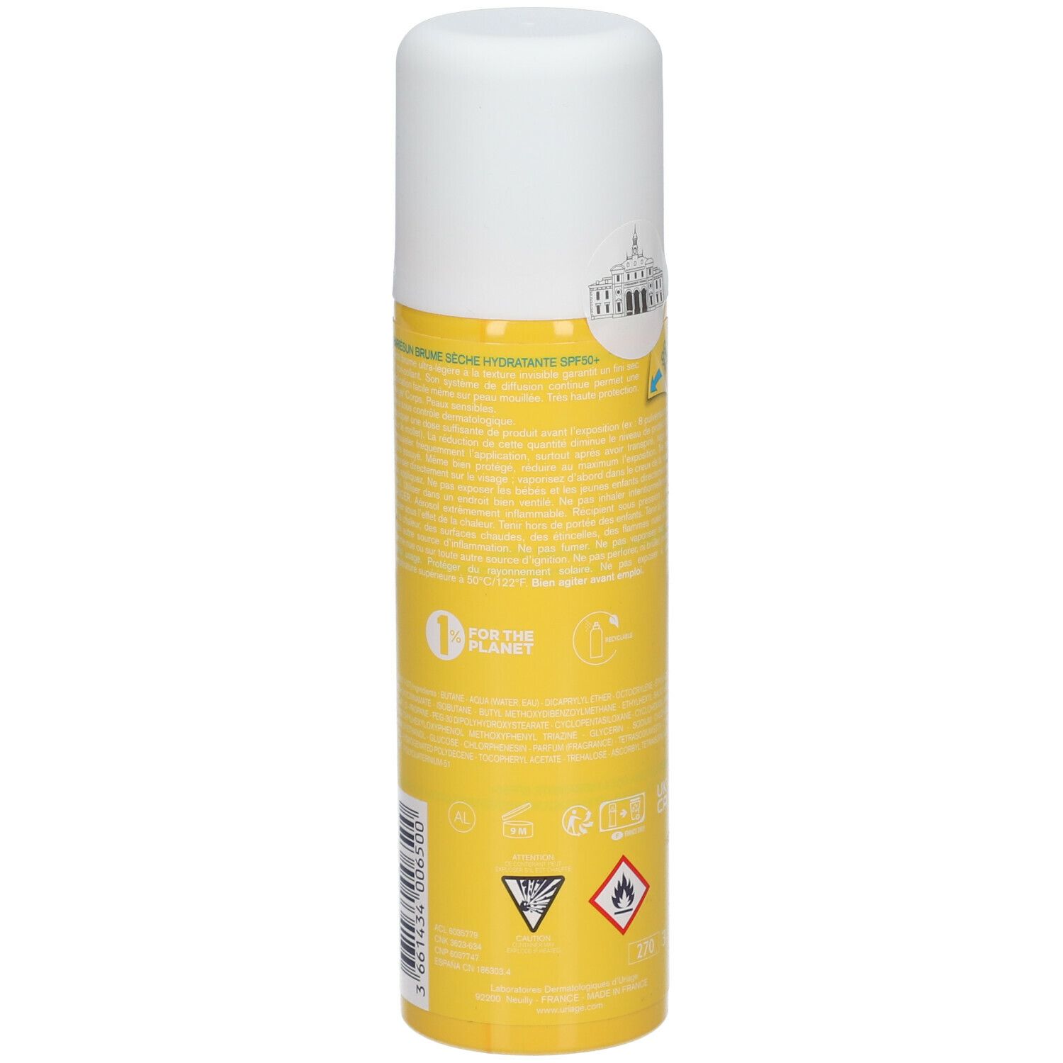 Achterkant van een gele Uriage Bariésun spray. Tekst en logo's zichtbaar.