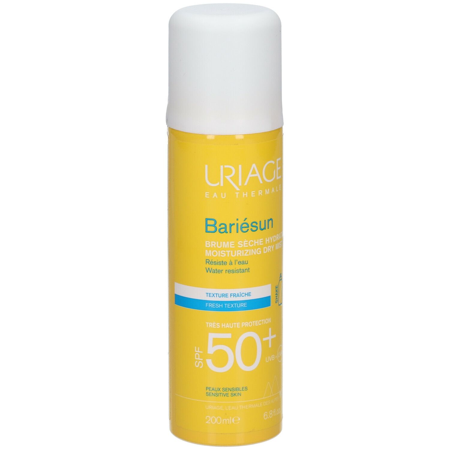 Uriage Bariésun SPF50+ droge mist spray, geel en wit. Tekst en SPF50+.