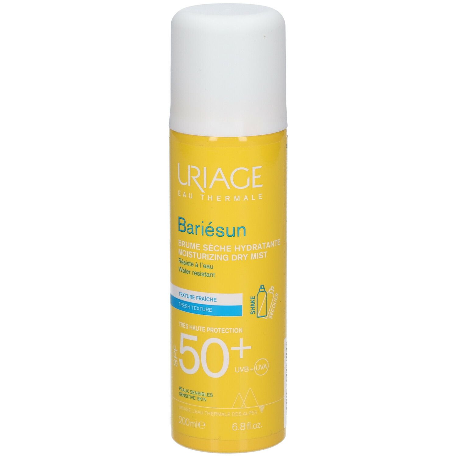 Uriage Bariésun SPF50+ droge mist spray, geel en wit. Tekst en SPF50+.
