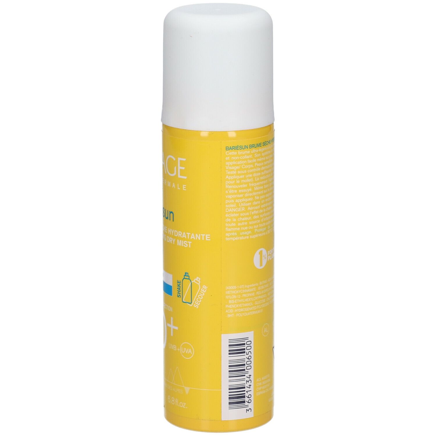 Achterkant van een gele Uriage Bariésun spray. Tekst en logo's zichtbaar.