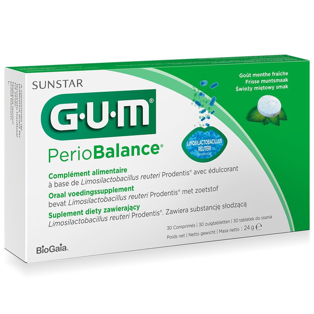 GUM PerioBalance Packung. Grün-weiß. Enthält 30 Lutschtabletten. Text: Sunstar, BioGaia, Limosilactobacillus reuteri Prodentis.