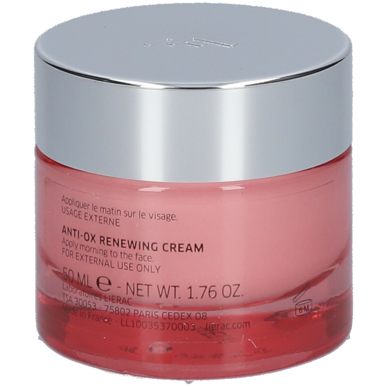 Rosa Creme in einem Glasbehälter mit silbernem Deckel. Aufschrift: Anti-Ox Renewing Cream, 50 ml.