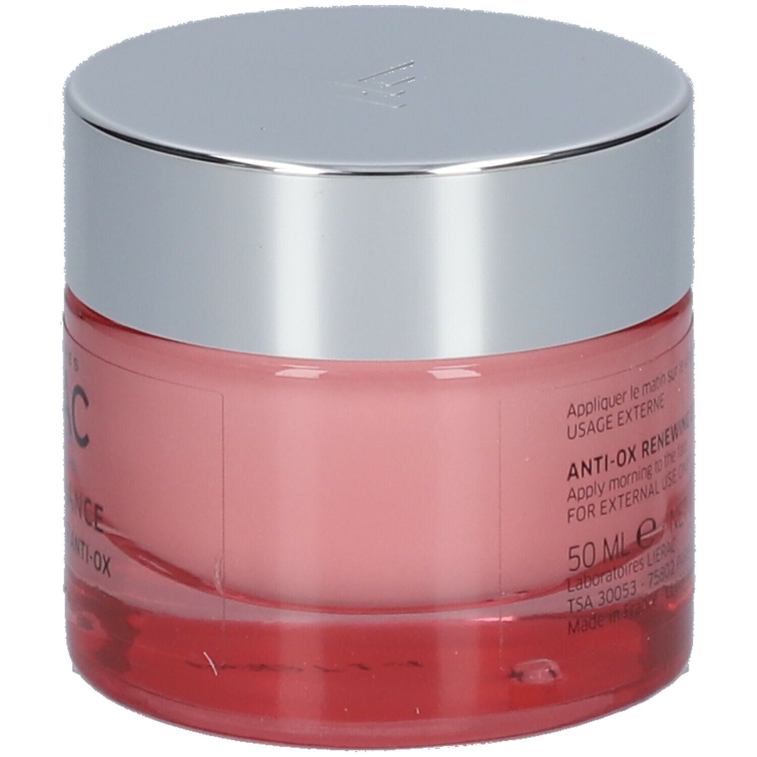 Rosa Creme in einem Glasbehälter mit silbernem Deckel. Aufschrift: Anti-Ox Renewing Cream, 50 ml.
