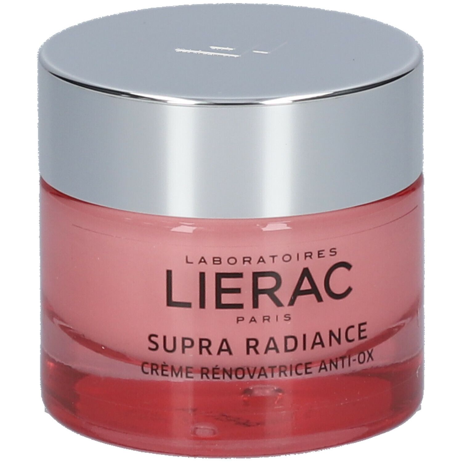 Rosa Creme in einem Glasbehälter mit silbernem Deckel. Aufschrift: LIERAC Supra Radiance.