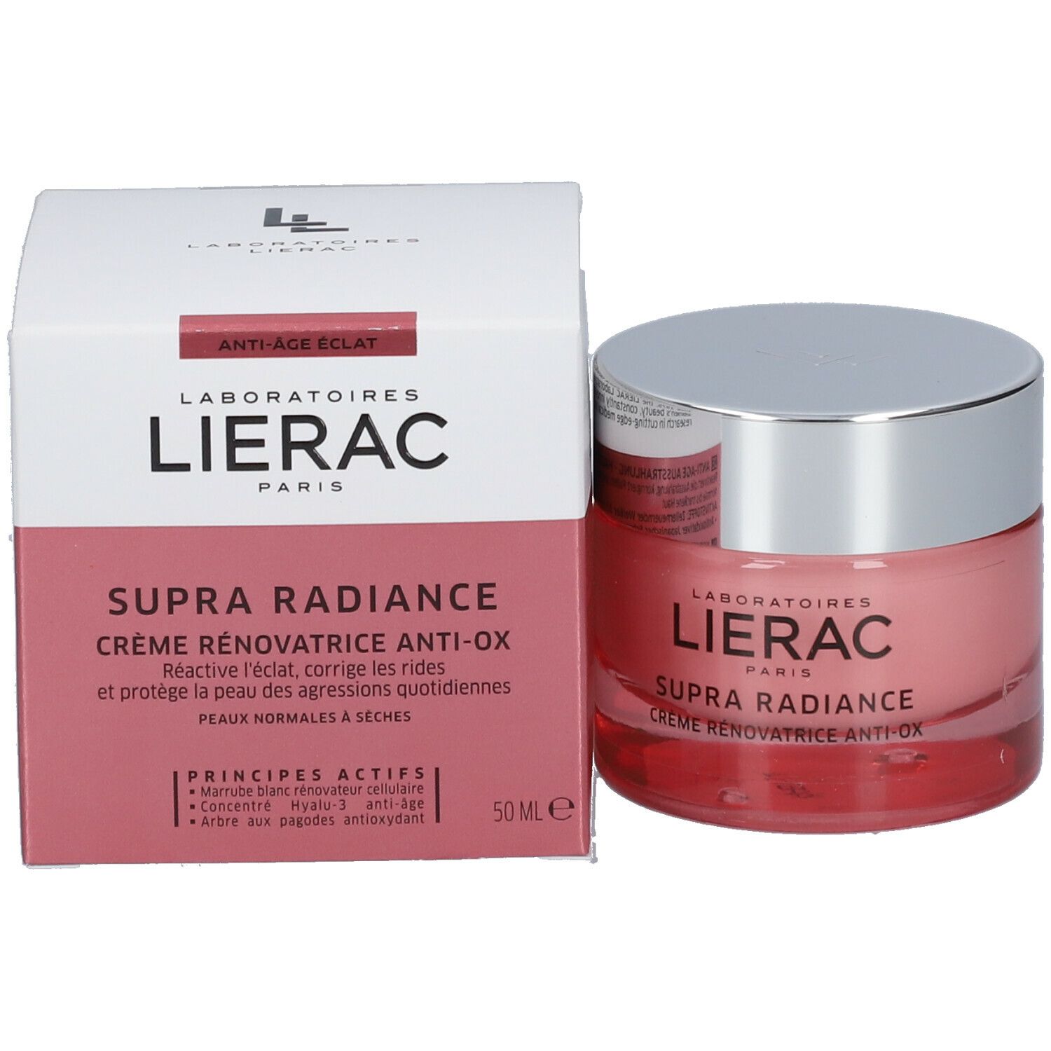 Creme und Verpackung. Creme in einem Glasbehälter mit silbernem Deckel. Aufschrift: LIERAC Supra Radiance.