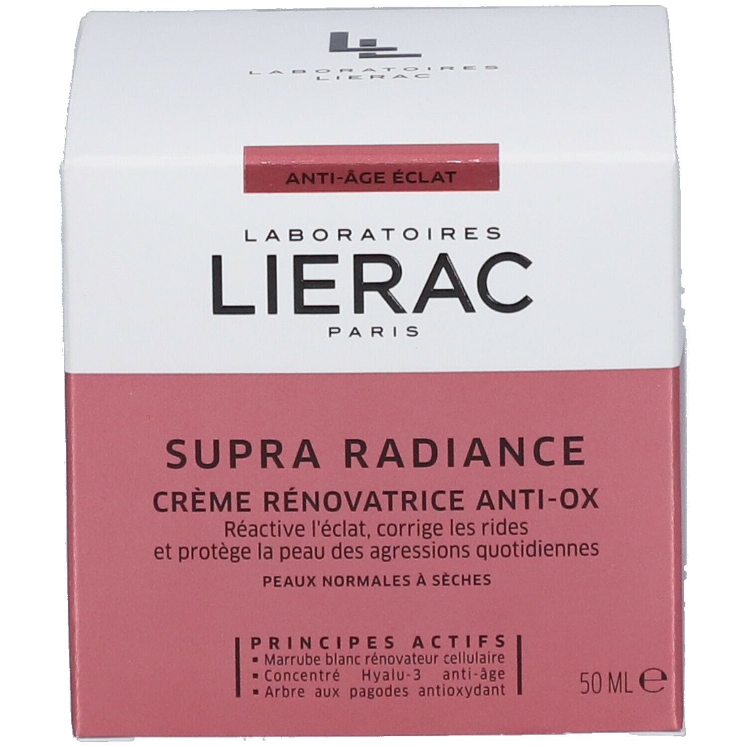 Verpackung. Aufschrift: LIERAC Supra Radiance Creme Rénovatrice Anti-Ox. Prinzipien Actifs.