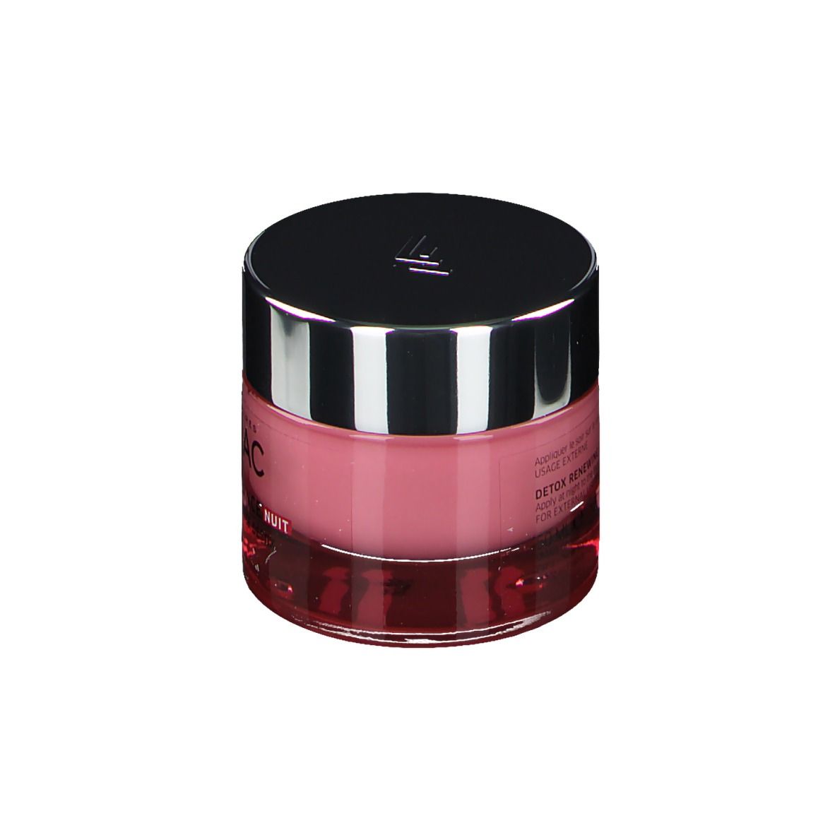 Creme-Tiegel mit silbernem Deckel. Rosa Creme sichtbar. Schriftzug Lierac. Text Detox Renewing.