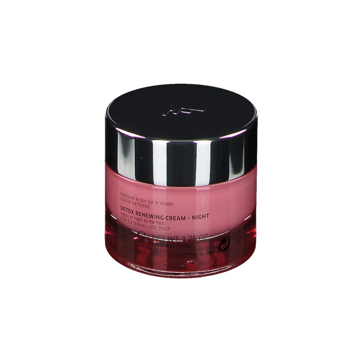 Creme-Tiegel mit silbernem Deckel. Rosa Creme sichtbar. Text Detox Renewing Cream Night.
