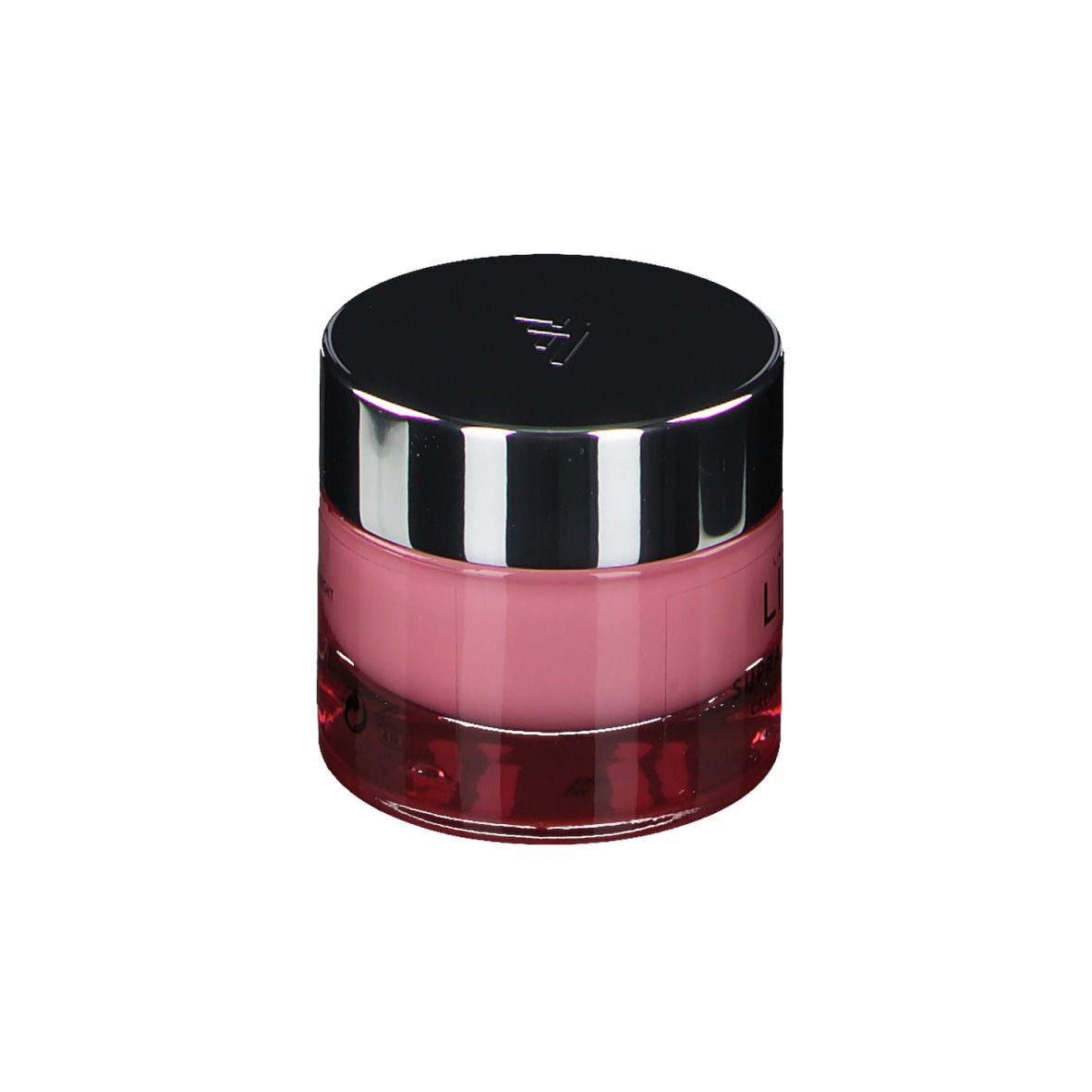 Creme-Tiegel mit silbernem Deckel. Rosa Creme sichtbar. Lierac Logo auf dem Deckel.