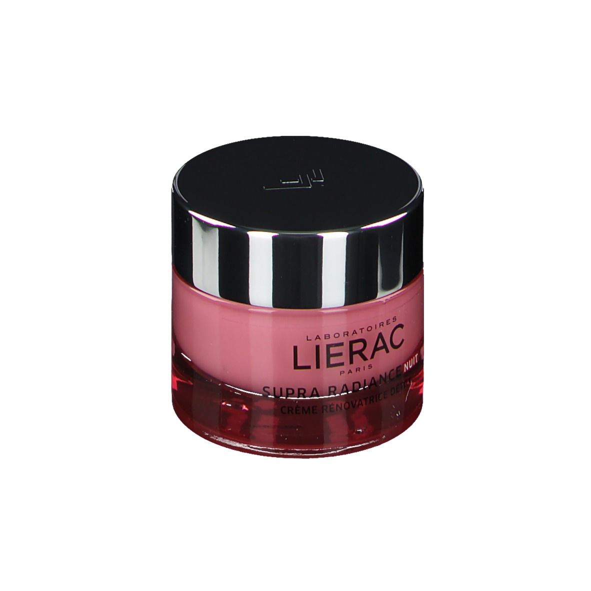 Creme-Tiegel mit silbernem Deckel. Rosa Creme sichtbar. Schriftzug Lierac Supra Radiance.
