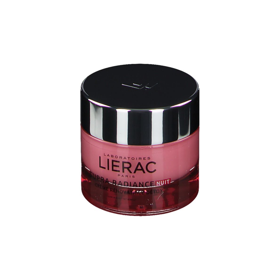 Creme-Tiegel mit silbernem Deckel. Rosa Creme sichtbar. Schriftzug Lierac Supra Radiance Nuit.