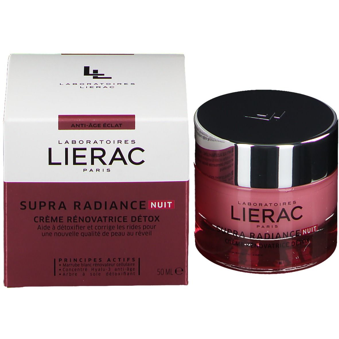Creme-Tiegel und Verpackung. Verpackung mit Lierac Logo und Produktnamen. Creme sichtbar.