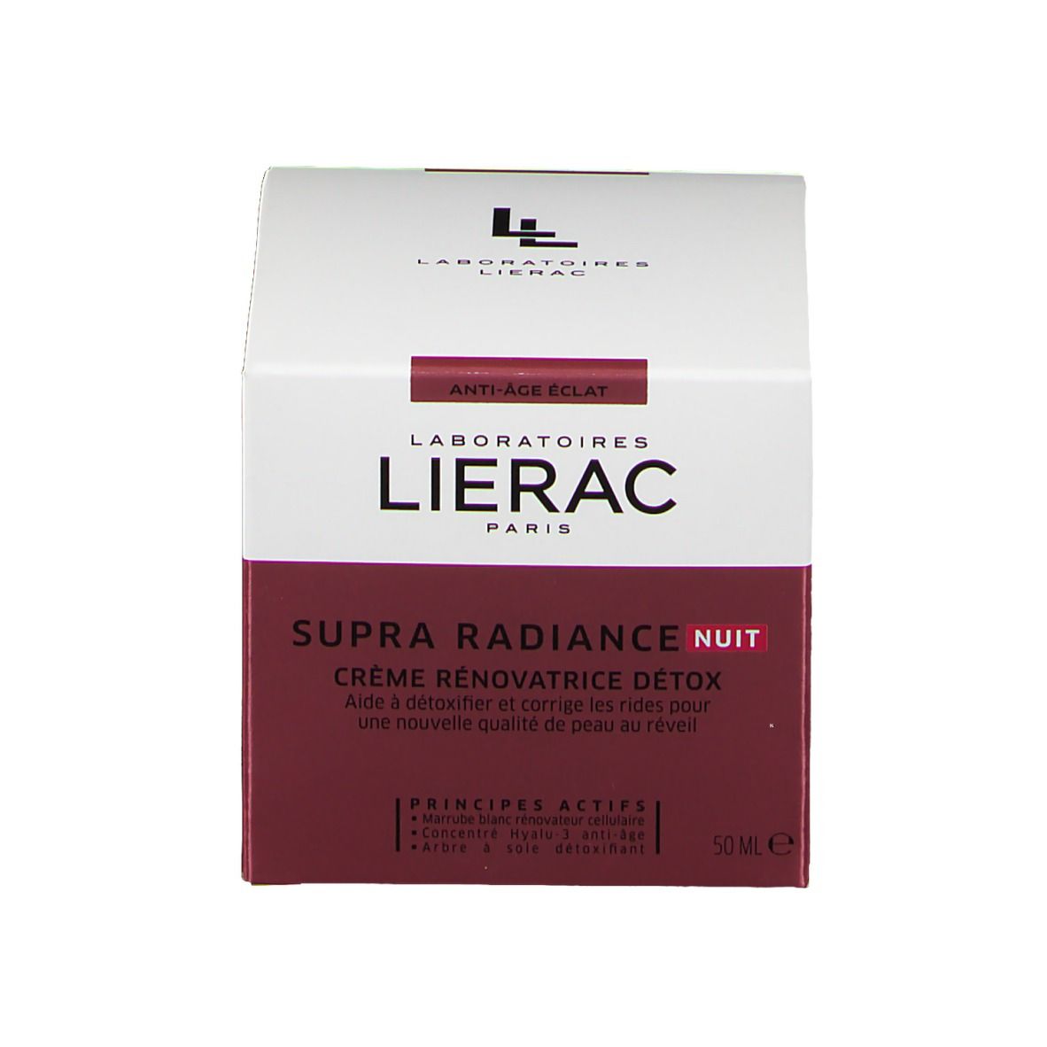 Verpackung mit Lierac Logo und Produktnamen. Text Supra Radiance Nuit. 50 ml.
